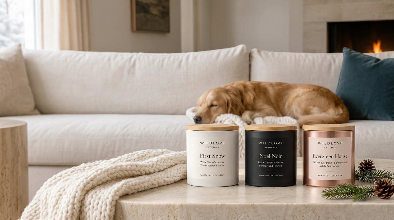 White, black and rose-gold Wildlove candles on travertine, with a golden retriever resting on a chunky-knit sofa beside a warm fireplace