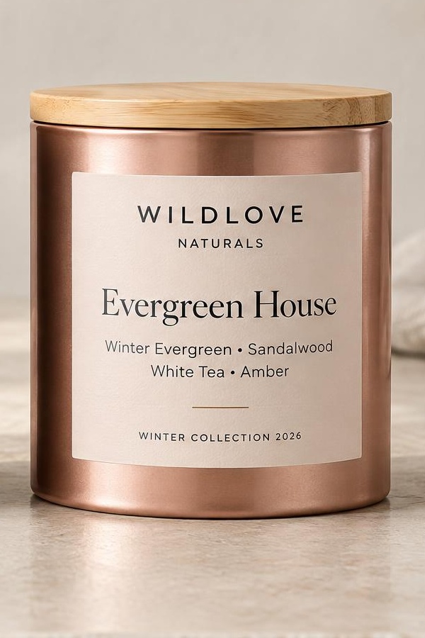 Evergreen House candle — rose-gold straight-sided metal tin with a natural wood lid and a refined Winter Collection 2026 label