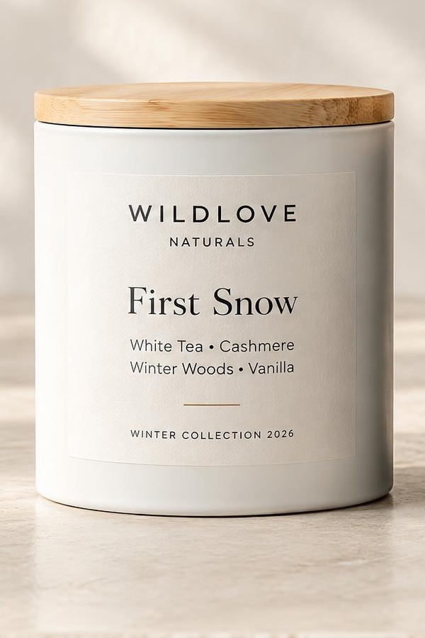 First Snow candle — matte white straight-sided metal tin with a natural wood lid and a refined Winter Collection 2026 label