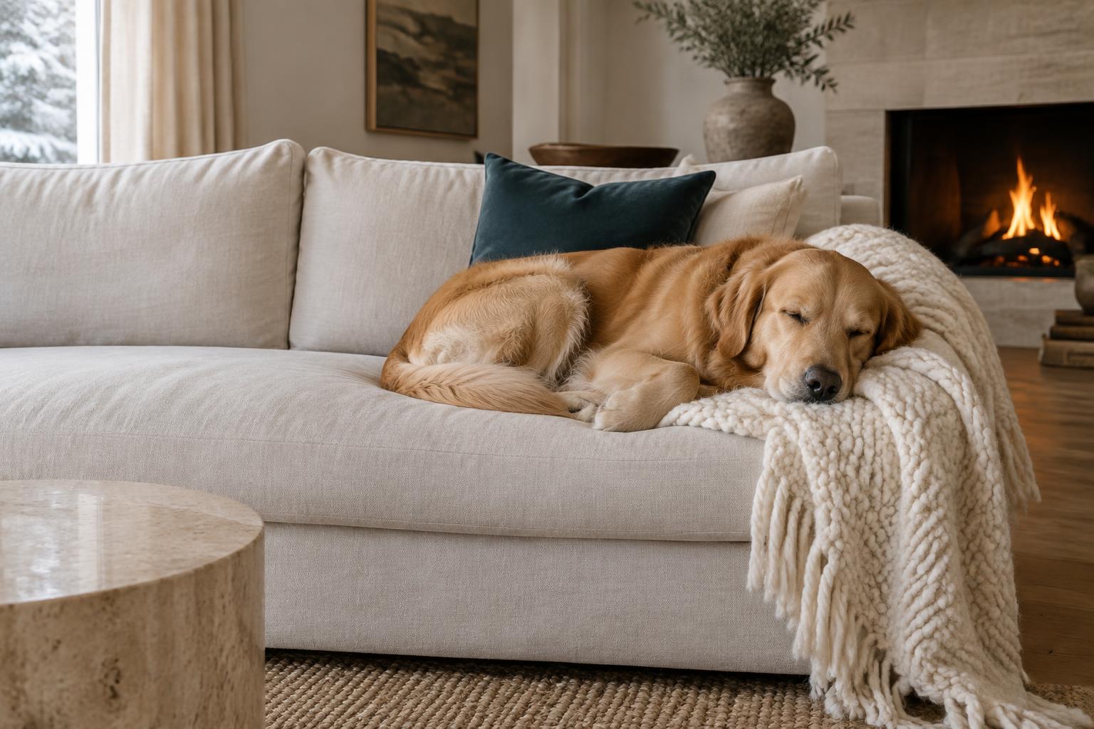 A golden retriever sleeping on a cream wool blanket beside a deep teal cushion and a softly glowing fireplace