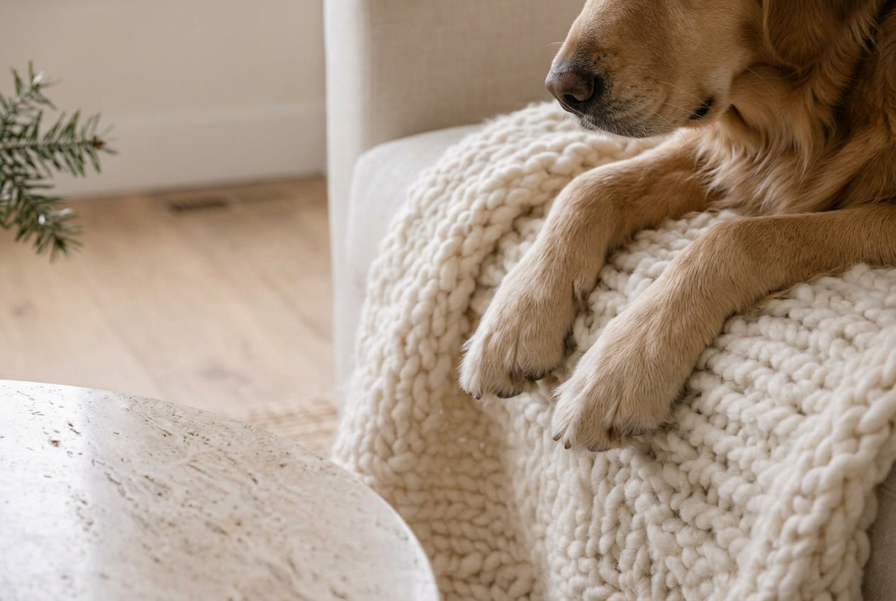 A golden retriever’s relaxed paws nestled in chunky ivory wool beside natural stone