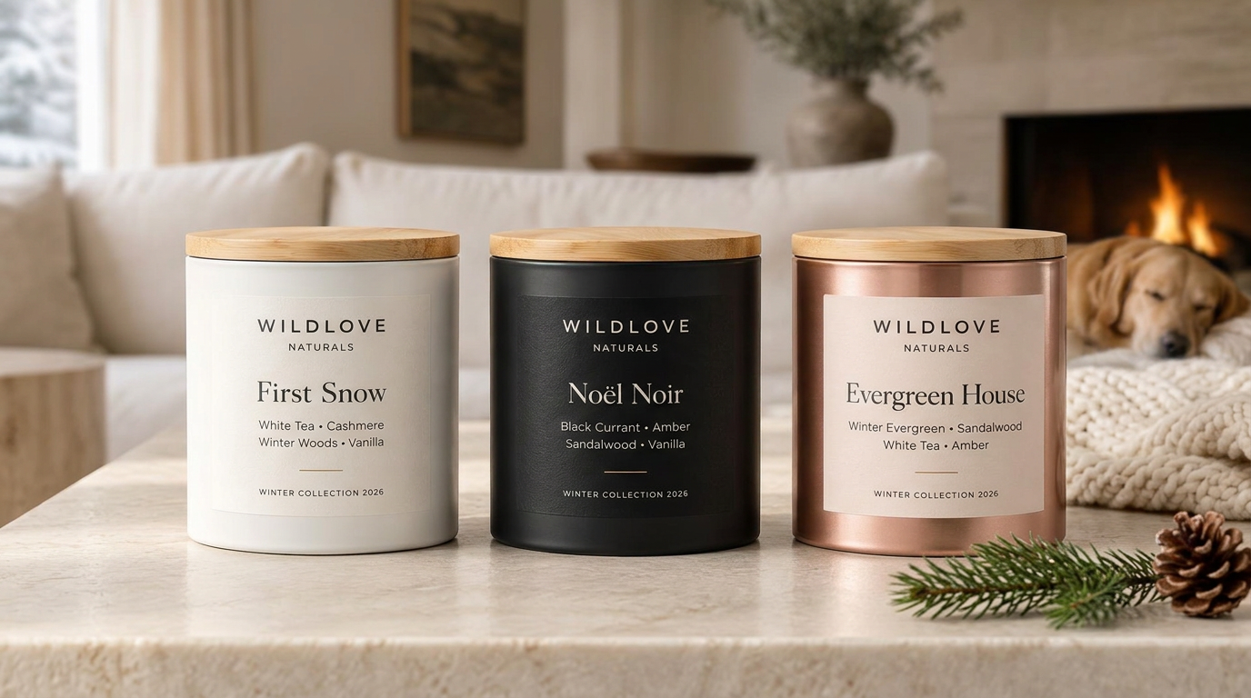 First Snow white, Noël Noir black and Evergreen House rose-gold candle tins with bamboo lids on a travertine table, with winter greenery, soft wool and a dog resting nearby