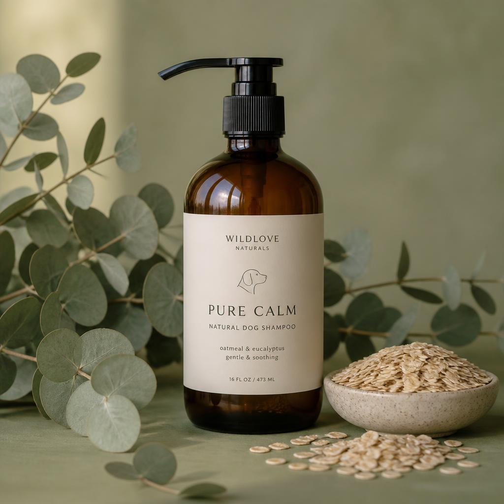 Wildlove Naturals Pure Calm shampoo — amber pump bottle beside eucalyptus and oats