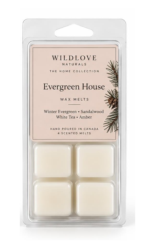 Evergreen House clear 4-cavity clamshell with a blush Wildlove label and four ivory wax melts