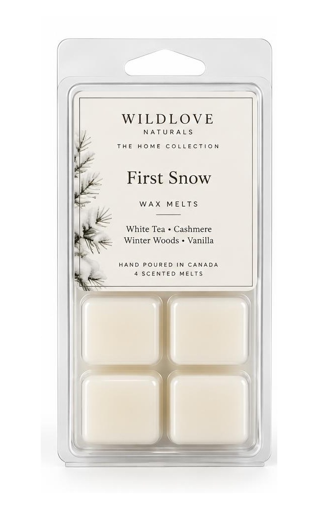 First Snow clear 4-cavity clamshell with a ivory Wildlove label and four ivory wax melts
