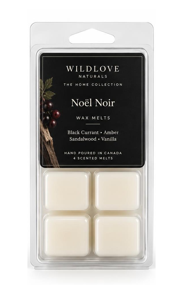 Noël Noir clear 4-cavity clamshell with a black Wildlove label and four ivory wax melts