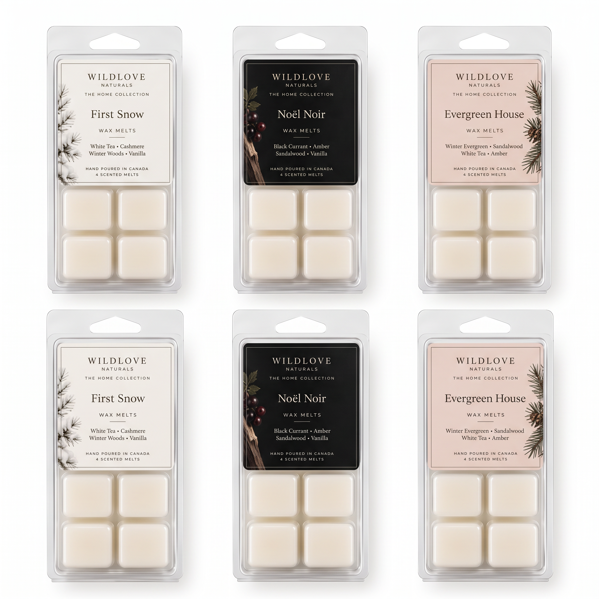 6 clear four-cavity wax-melt clamshells: 2 each of First Snow with ivory labels, Noël Noir with black labels and Evergreen House with blush labels; 24 ivory melts visible