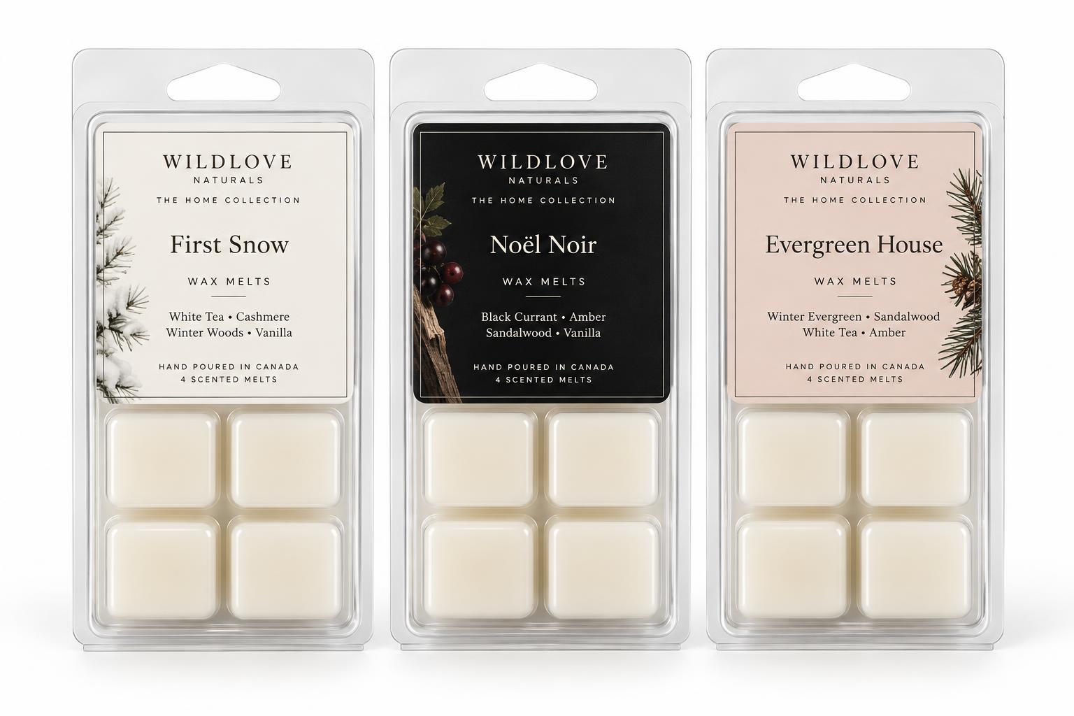 3 clear four-cavity wax-melt clamshells: 1 each of First Snow with ivory labels, Noël Noir with black labels and Evergreen House with blush labels; 12 ivory melts visible
